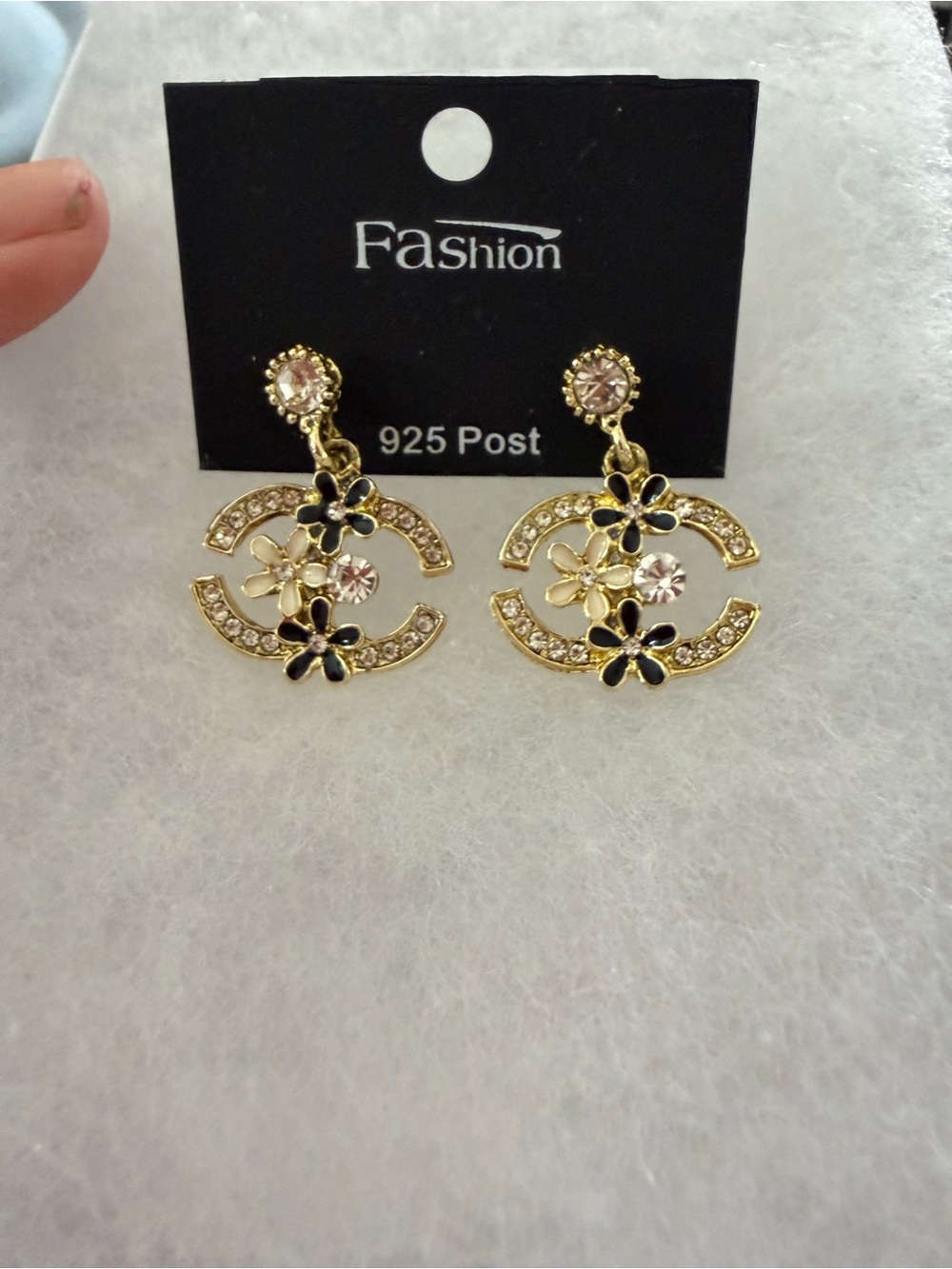 Gold Tine Floral Crystal Drop Post Earrings, black accent, Fashion Jewelry - Picture 2 of 8